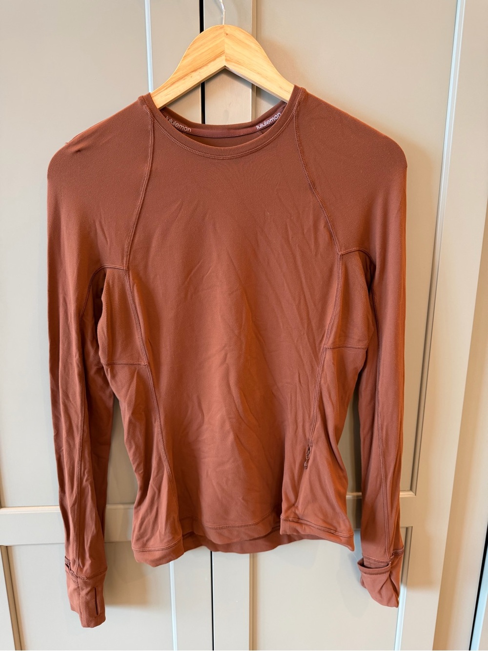 Lululemon Long Sleeve Running Top Rust Brown Thumbholes Zip Pocket Size 6
